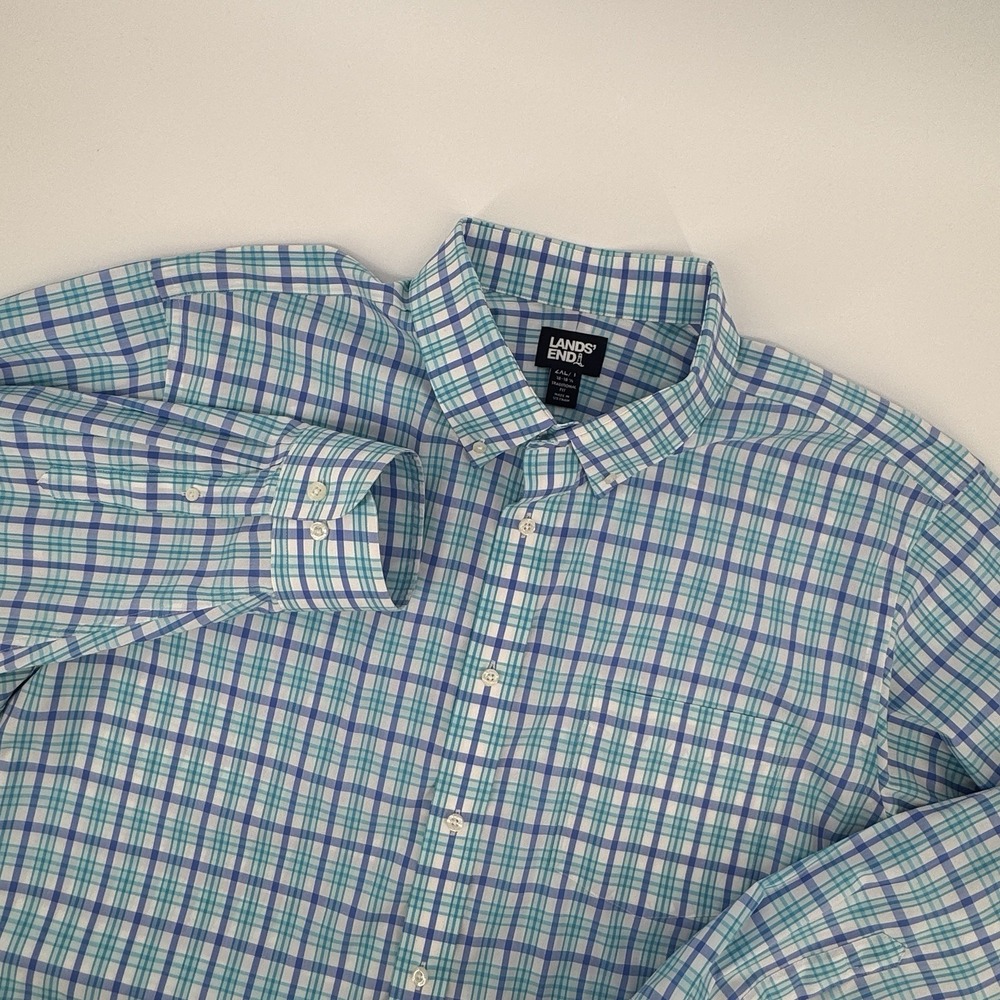 Lands' End Plaid Button Down Shirt Men's XL 18-18.5 Traditional Fit Blue Stretch